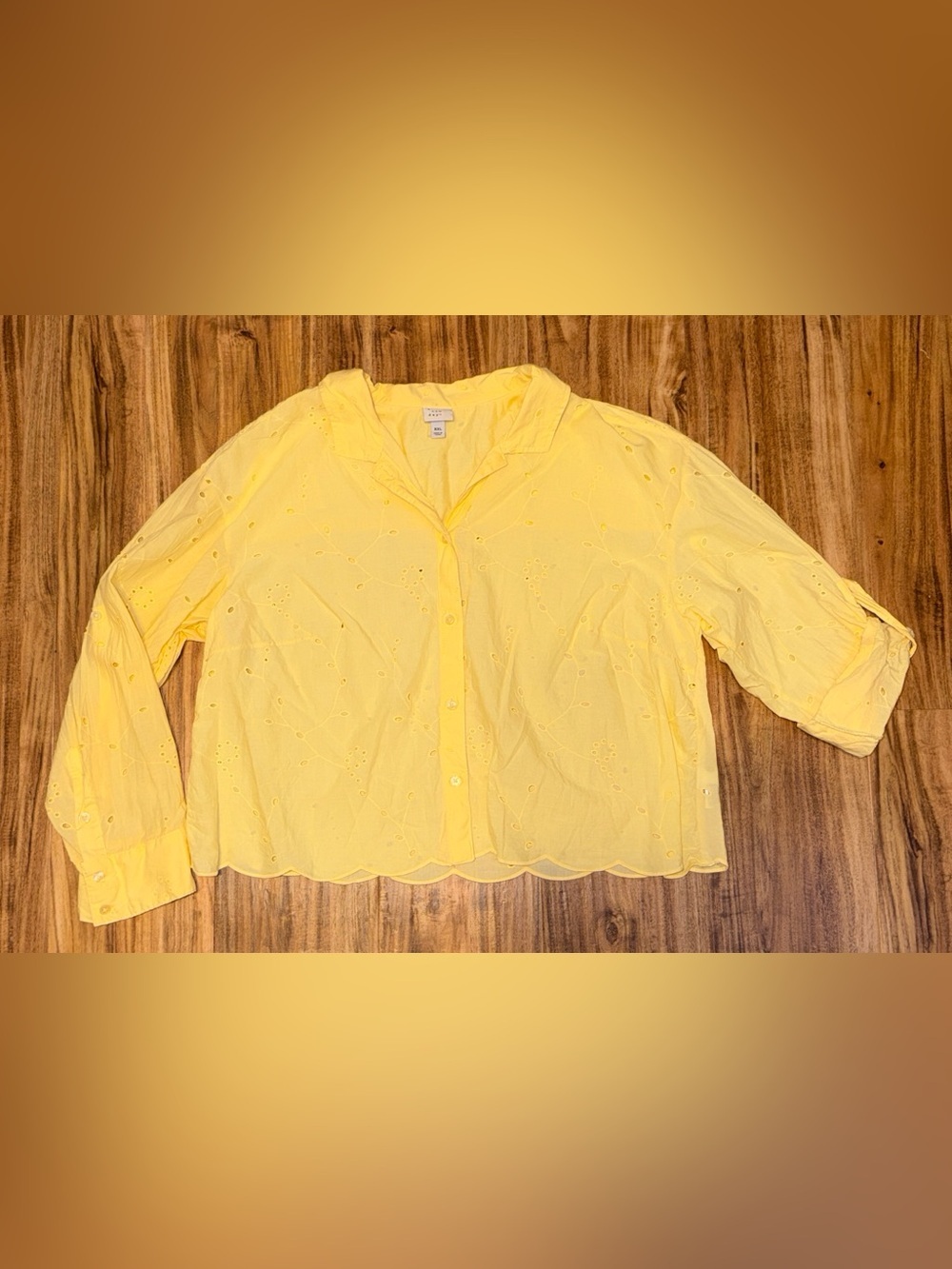 a new day women XXL buttercream yellow button up tops blouse eyelet crop scallop